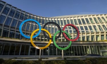 A view shows the Olympic Rings in front of International Olympic Committee (IOC) headquarters in 2023.