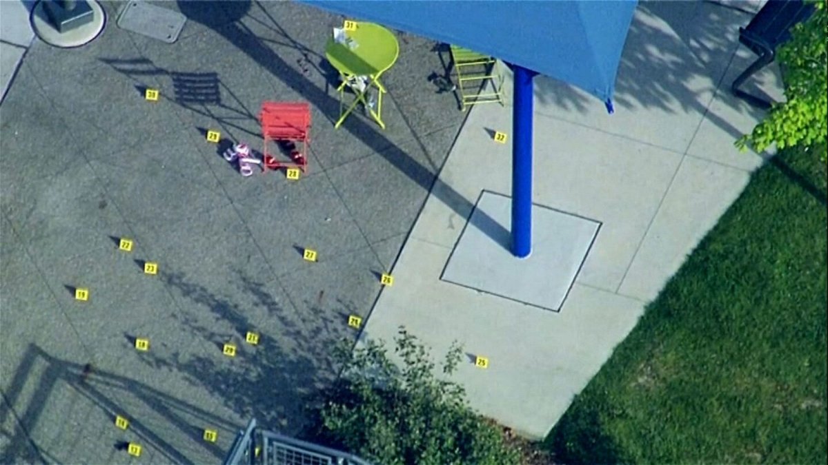<i>WXYZ via CNN Newsource</i><br/>Evidence markers are placed at the scene of a shooting at a splash pad in Rochester Hills