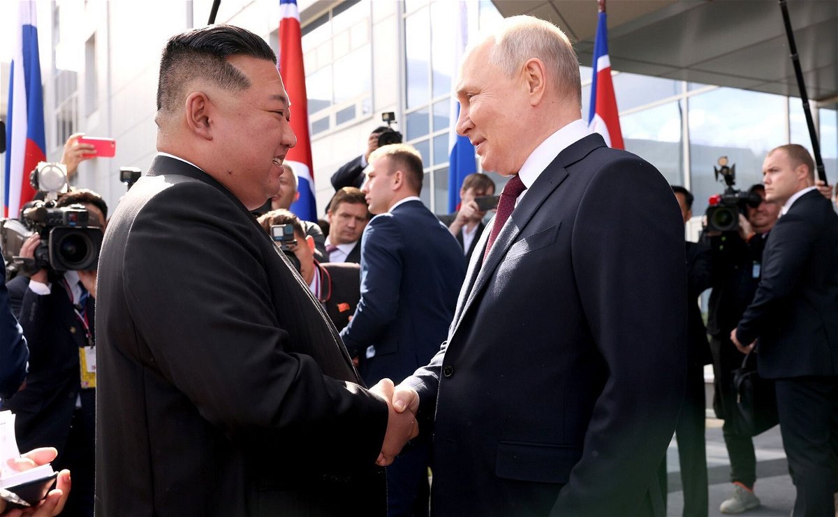 <i>Kremlin Press Office/Handout/Anadolu Agency/Getty Images/File via CNN Newsource</i><br/>Russian President Vladimir Putin greets North Korean leader Kim Jong Un ahead of their tour of the Vostochny Cosmodrome space launch center in Russia's Amur region in September 2023.