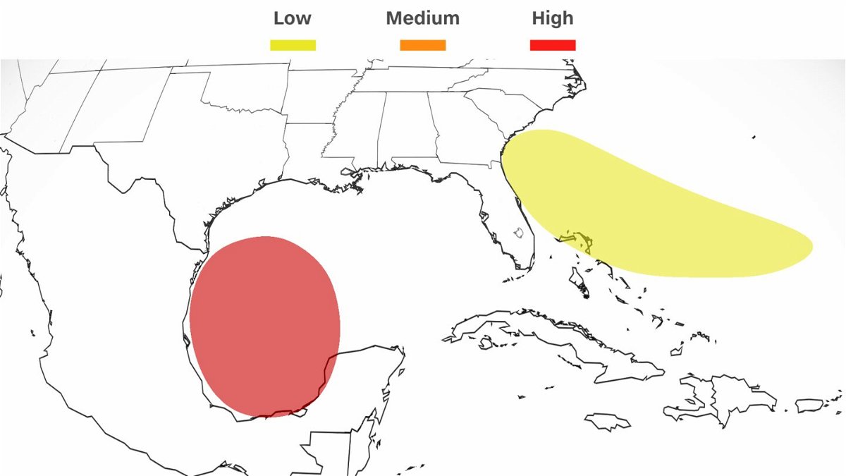 <i>CNN Weather via CNN Newsource</i><br/>Two areas are being monitored by the National Hurricane Center to potentially develop into tropical systems.