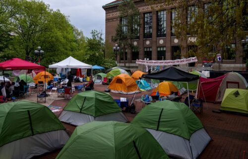 Students establish a Gaza solidarity encampment on the University of Michigan's campus on May 4