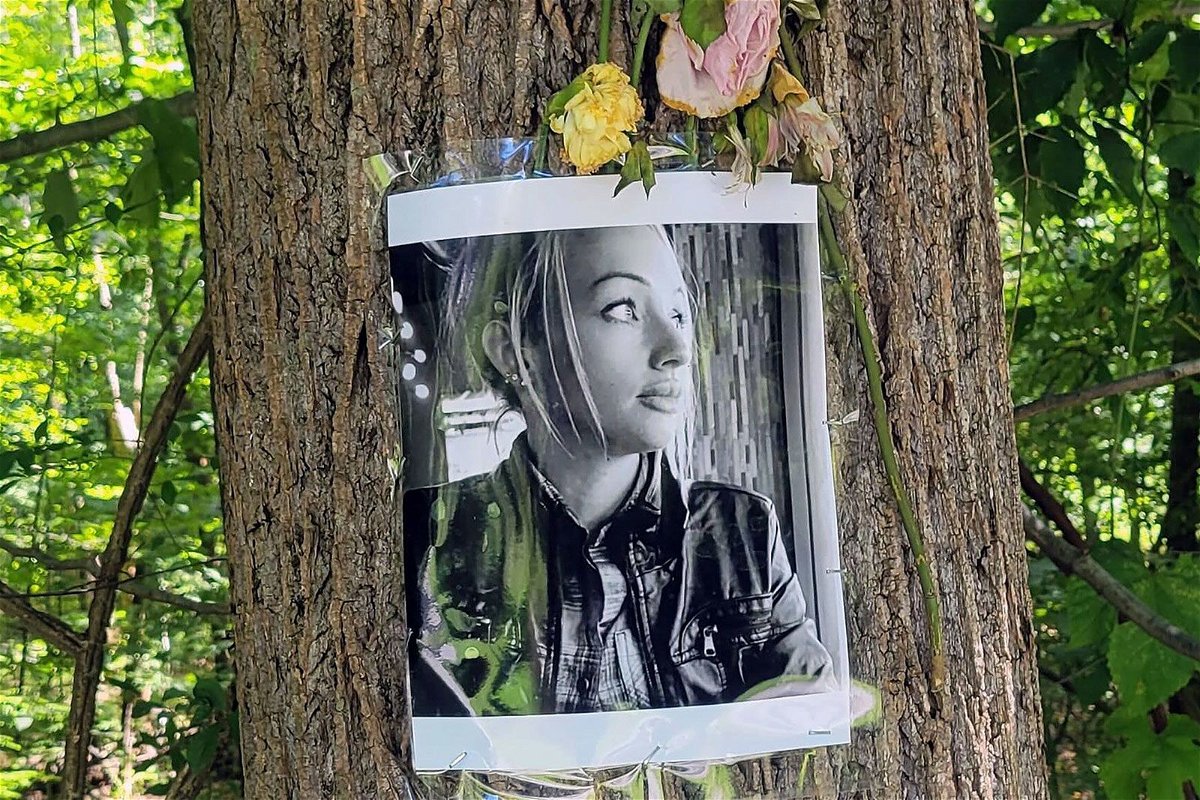 <i>Dillon Mullan/Baltimore Sun/TNS/Getty Images via CNN Newsource</i><br/>A memorial for Rachel Morin is displayed on a tree on the Ma & Pa Trail in Bel Air
