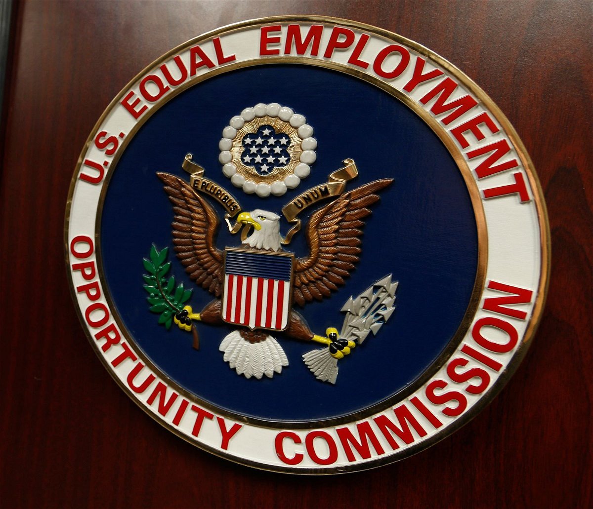 <i>David Zalubowski/AP via CNN Newsource</i><br/>The emblem of the US Equal Employment Opportunity Commission is shown on a podium in Denver