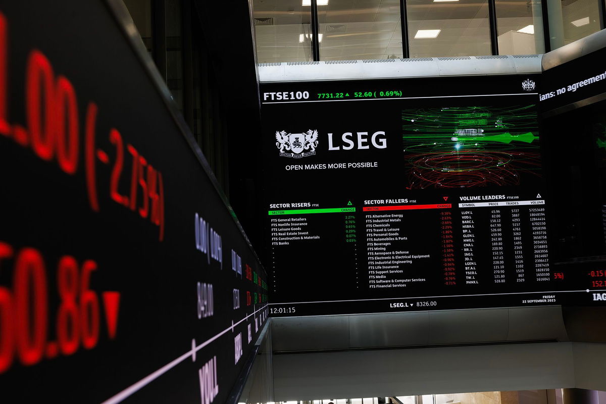 <i>Dan Kitwood/Getty Images via CNN Newsource</i><br/>The foyer of the London Stock Exchange is seen here in September 2023. London’s stock market has edged ahead of its rival in Paris as fears grow over the outcome of France’s looming parliamentary elections.