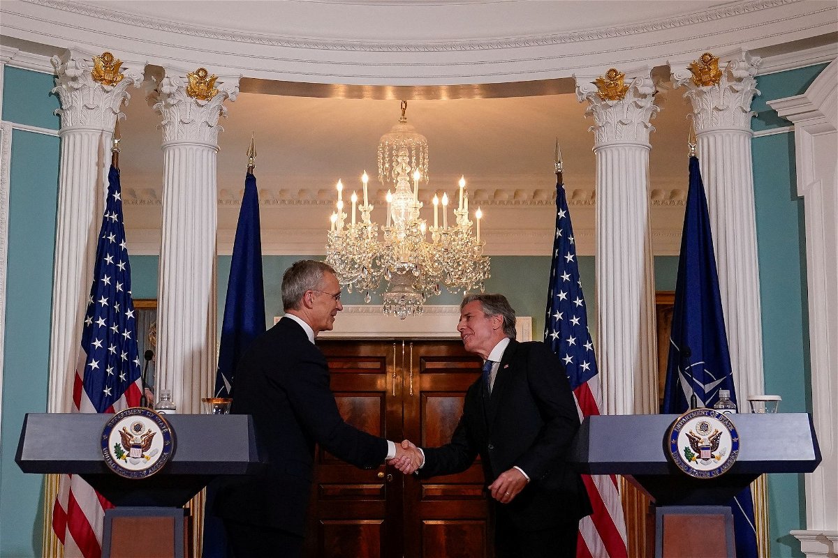 <i>Elizabeth Frantz/Reuters via CNN Newsource</i><br/>U.S. Secretary of State Antony Blinken and NATO Secretary General Jens Stoltenberg shake hands at the conclusion of a joint news conference at the State Department in Washington on June 18.