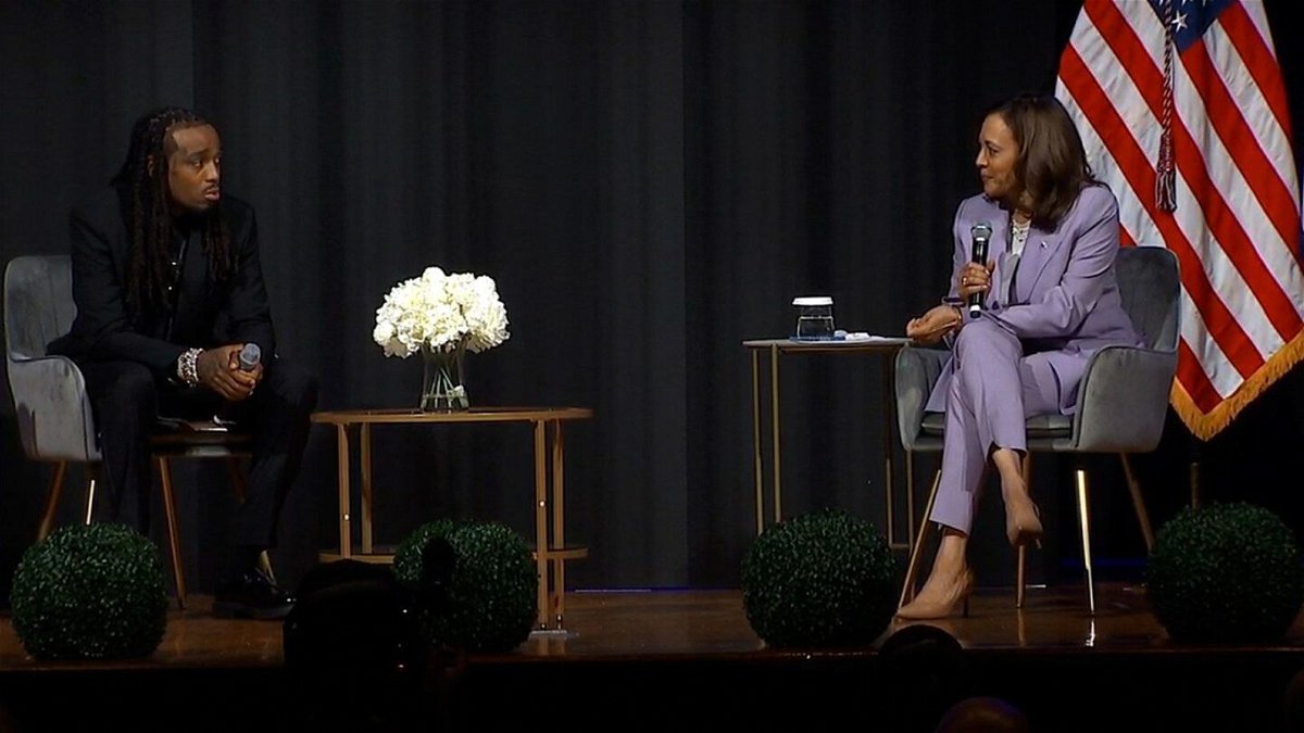 <i>Pool via CNN Newsource</i><br/>Quavo and Vice President Kamala Harris appear on stage at the Carter Center in Atlanta