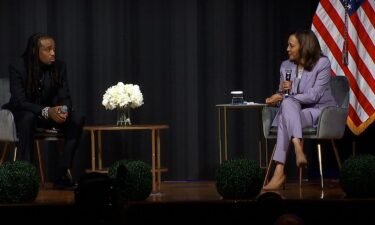 Quavo and Vice President Kamala Harris appear on stage at the Carter Center in Atlanta