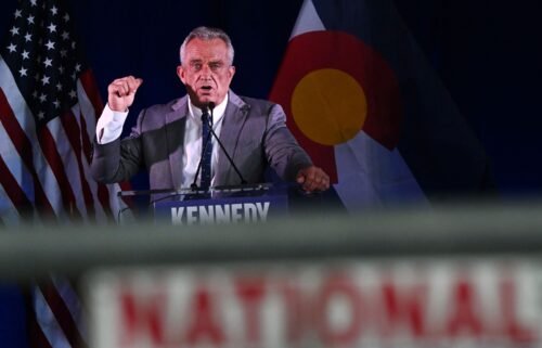 Independent presidential candidate Robert F. Kennedy Jr. speaks during a voter rally at The Hangar at Stanley Marketplace in Aurora