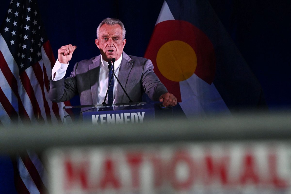 <i>Helen H. Richardson/MediaNews Gr/Denver Post/Getty Images via CNN Newsource</i><br/>Independent presidential candidate Robert F. Kennedy Jr. speaks during a voter rally at The Hangar at Stanley Marketplace in Aurora