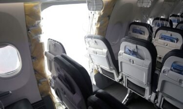 The door plug area of the Alaska Airlines Boeing 737 Max plane that was forced to make an emergency landing with a gap in the fuselage.
