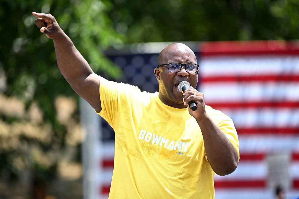 <i>Steven Ferdman/GC Images/Getty Images via CNN Newsource</i><br/>Bowman speaks at a campaign rally at St. Mary's Park on June 22.