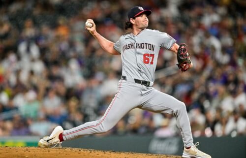 Washington Nationals relief pitcher Kyle Finnegan pitches in the ninth inning