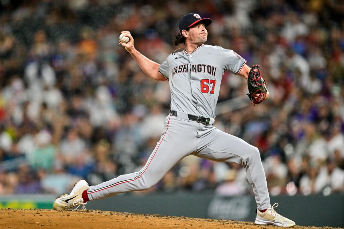 <i>Dustin Bradford/Icon Sportswire/Getty Images via CNN Newsource</i><br/>Washington Nationals relief pitcher Kyle Finnegan pitches in the ninth inning