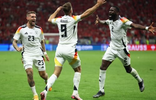 Germany's Niclas Füllkrug celebrates scoring against Switzerland.