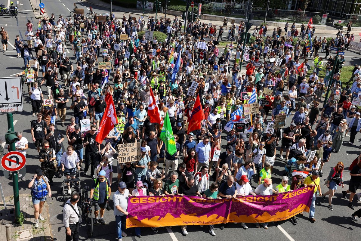 <i>Christian Mang/Reuters via CNN Newsource</i><br/>Protestors attend a demonstration against Germany's AfD party in Essen on June 29.