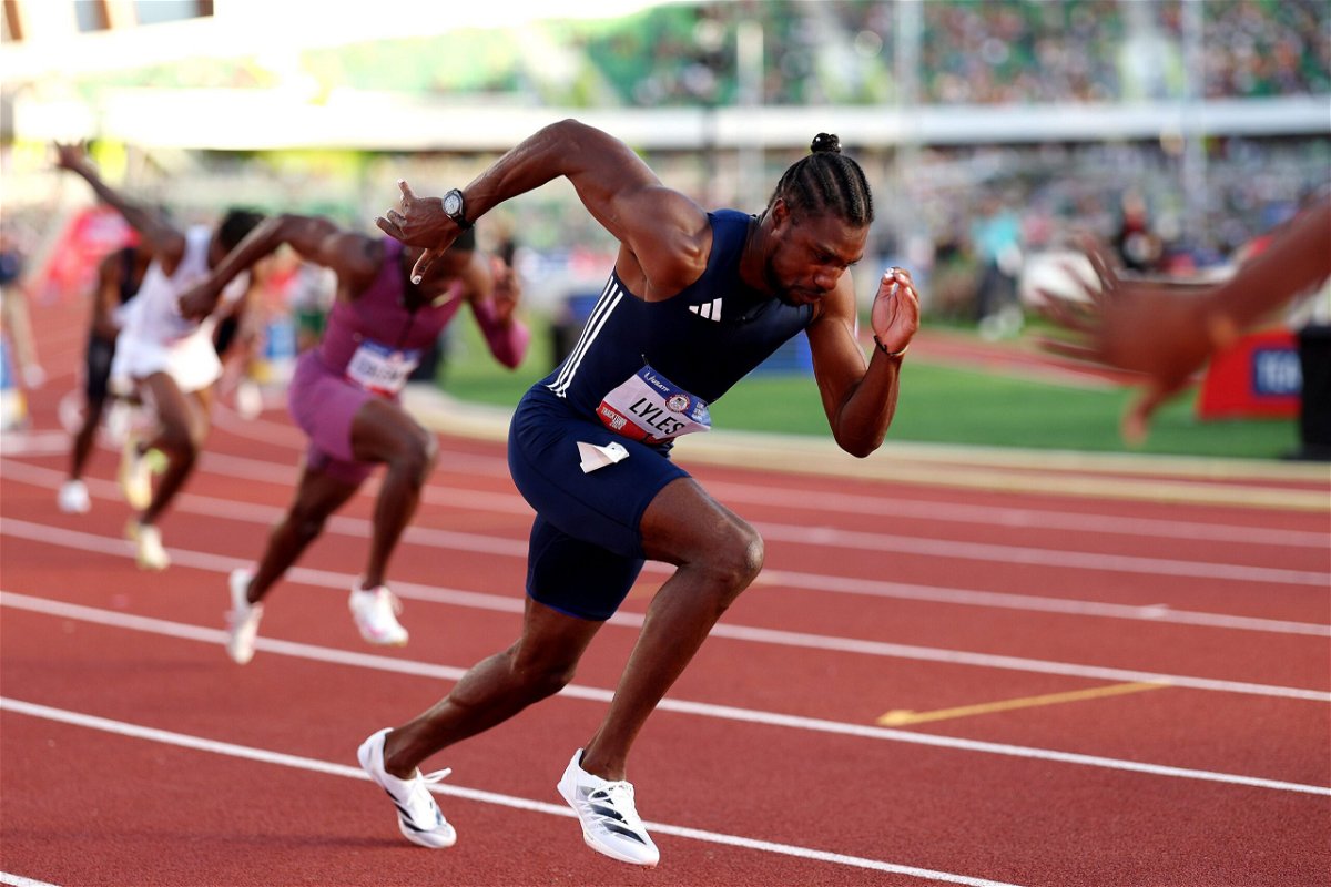 <i>Patrick Smith/Getty Images via CNN Newsource</i><br/>Noah Lyles competes in the men's 200 meter semifinal.