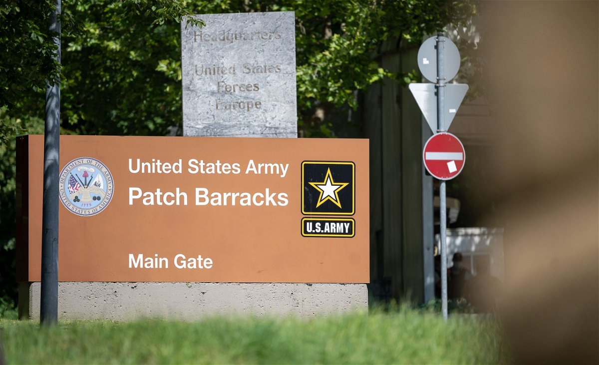 <i>Sebastian Gollnow/picture alliance/Getty Images via CNN Newsource</i><br/>A sign indicates the entrance to the Patch Barracks of the United States Army and the headquarters of the US forces in Europe.