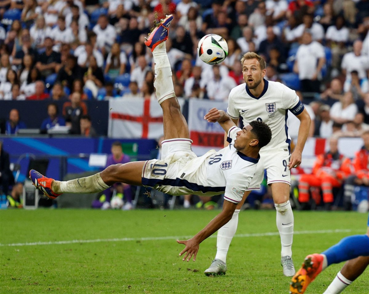 <i>John Sibley/Reuters via CNN Newsource</i><br/>England's Jude Bellingham scores his team's first goal against Slovakia.