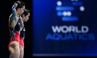 Chen Yuxi L/Quan Hongchan of China compete during the women's 10m platform synchronised final of the World Aquatics Championships 2023 in Fukuoka