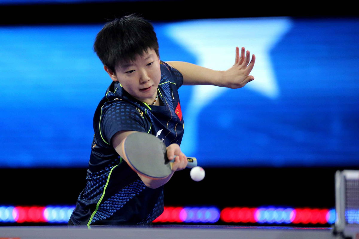 Sun Yingsha of China plays a ball against Wang Manyu of China during the women's singles final during the 2021 World Table Tennis Championships Finals at George R. Brown Convention Center.