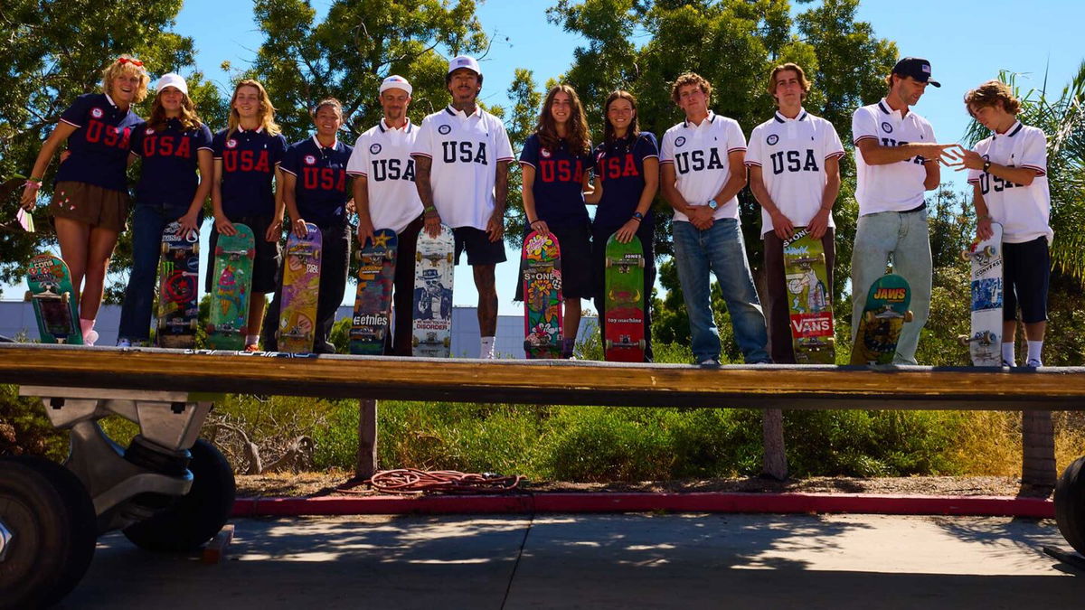 Members of the 2024 USA Olympic skateboarding team lined up in a row