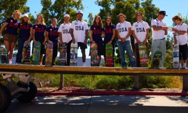 Members of the 2024 USA Olympic skateboarding team lined up in a row