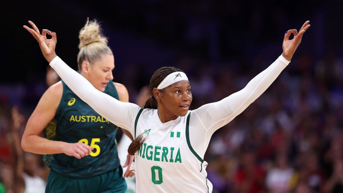 Nigeria's Amy Okonkwo celebrates after making a 3