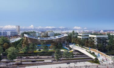 Artistic swimming venue rendering at the Olympics Aquatics Center for the 2024 Paris Olympics.