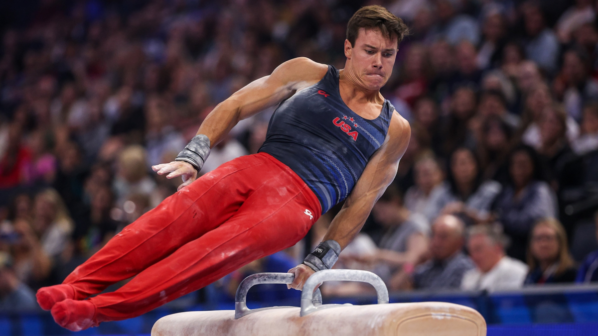 Brody Malone competes on the pommel horse during the men's U.S. Olympic Team Trials