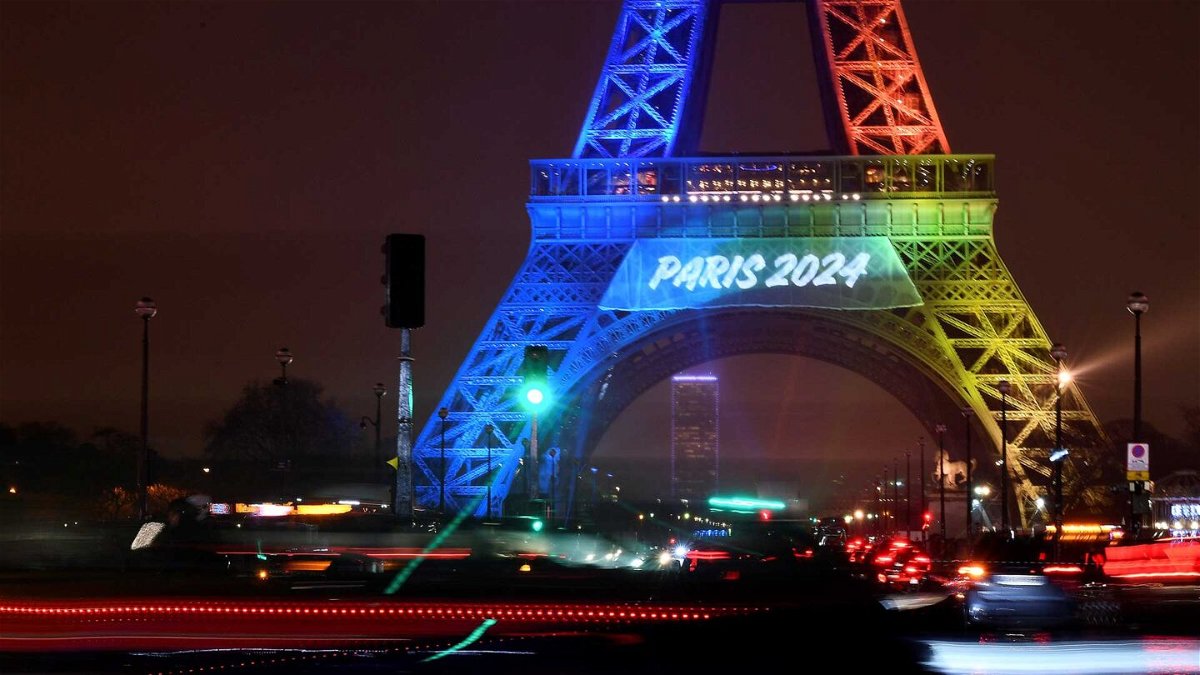 Eiffel Tower lit up for Paris 2024