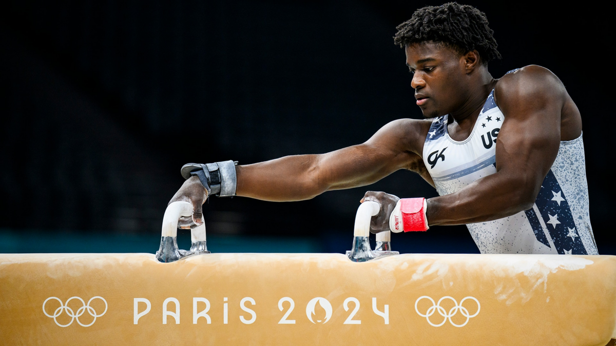 Frederick Richard gets ready to mount the pommel horse at the Paris 2024 Olympics Games.