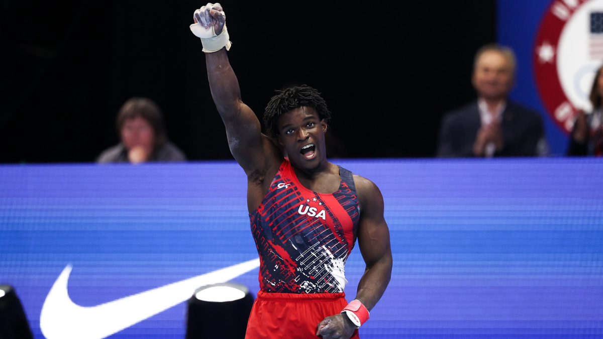 Frederick Richard celebrates his floor routine during the U.S. Olympic Team Gymnastics Trials.
