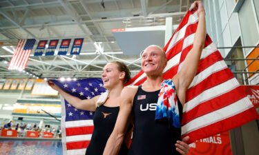 Alison Gibson and Sarah Bacon celebrate after the women's 3m springboard finals during the U.S. Olympic Diving Trials.