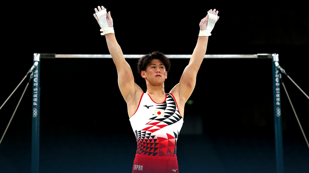 Daiki Hashimoto of Team Japan practices on the high bar during podium training in Bercy Arena ahead of the Paris 2024 Olympics Games.