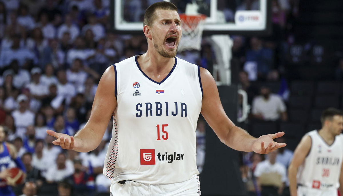 Nikola Jokic reacts during a game with Serbia