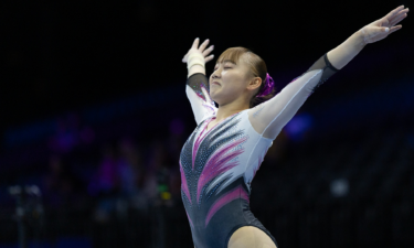 Shoko Miyata of Japan performs her balance beam routine during the 2023 Artistic Gymnastics World Championships.
