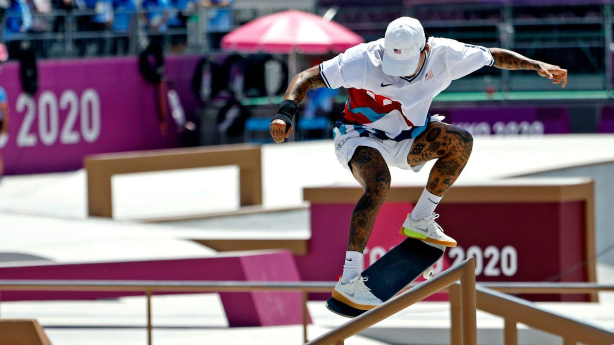 Nyjah Huston skateboarding at the 2020 Tokyo Olympics