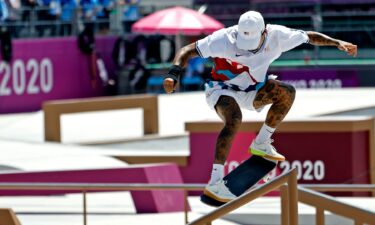 Nyjah Huston skateboarding at the 2020 Tokyo Olympics