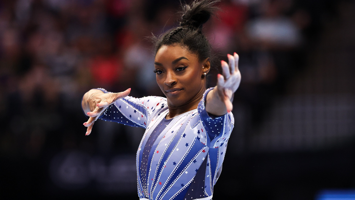 Simone Biles competes on the floor during the 2024 U.S. Olympic Team Gymnastics Trials.
