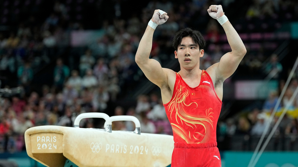 Zhang Boheng of China reacts after his pommel horse routine during the men’s team final during the Paris 2024 Olympics.