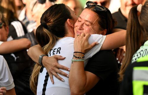 Michaela Foster and Ali Riley hug after New Zealand's match against Canada at the 2024 Paris Olympics.