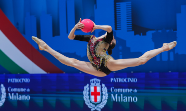 Darja Varfolomeev (GER) performs with a ball during the 2023 Rhythmic Gymnastics FIG World Cup.