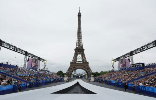 The Eiffel Tower overlooks the 2024 Opening Ceremony on the River Seine in Paris.