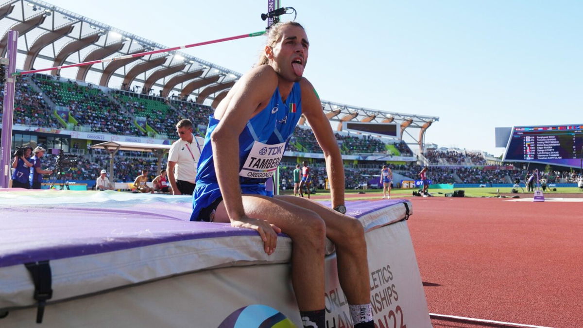Italy's Gianmarco Tamberi reacts after a jump in the men's high jump final during the 2022 World Athletics Championships in Eugene.