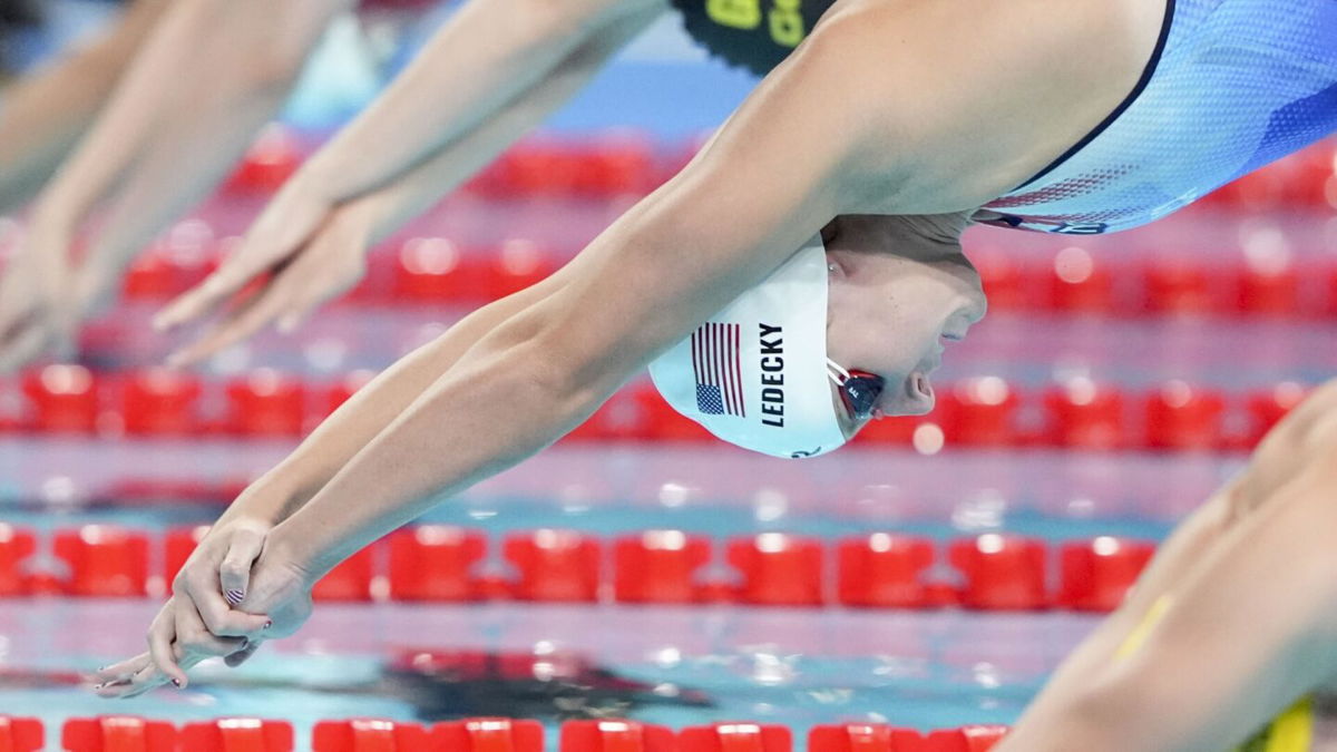 Katie Ledecky swims in the women’s 400m freestyle preliminary heats during the 2024 Paris Olympics.