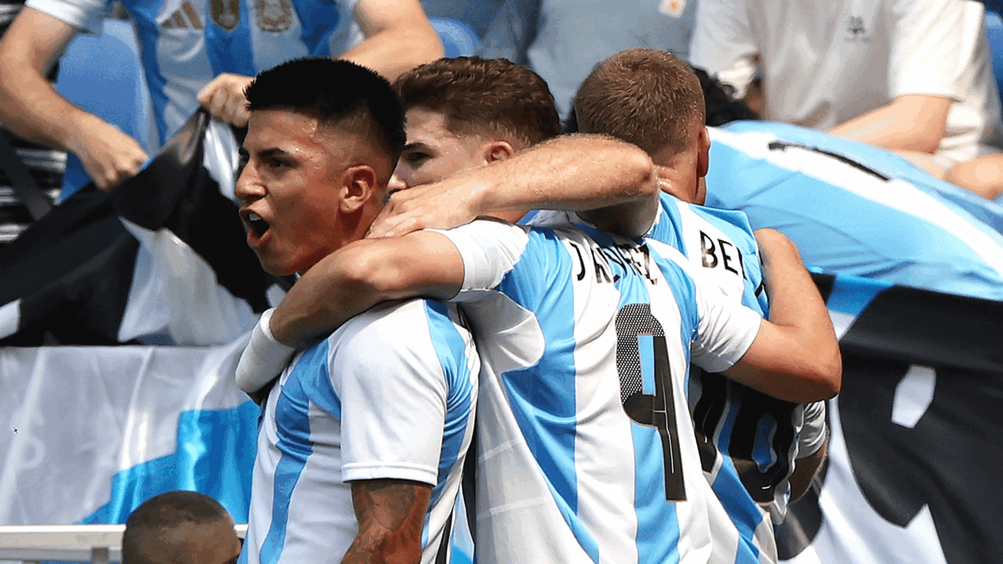 Thiago Almada and Julian Alvarez celebrates Argentina opening goal vs Iraq
