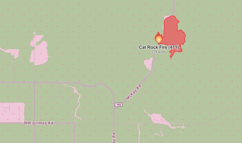 Updated acreage for the Cat Rock Fire north of Prineville on Watch Duty Saturday night also showed the mapped perimeter.