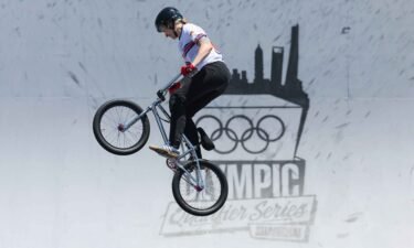 Charlotte Worthington of Great Britain competes during the Cycling BMX Freestyle Women's Park Qualification on day two during the Olympic Qualifier Series on on May 17