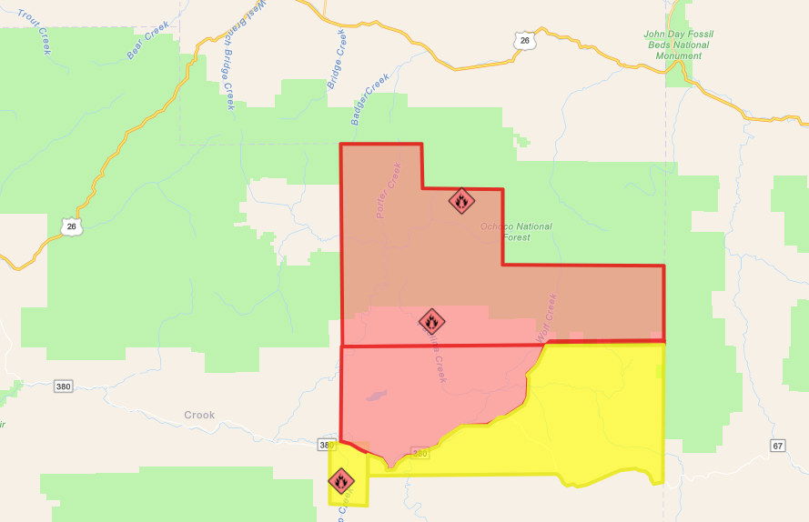 Monday's expanded Crook County evacuation zones due to growing Crazy Creek Fire