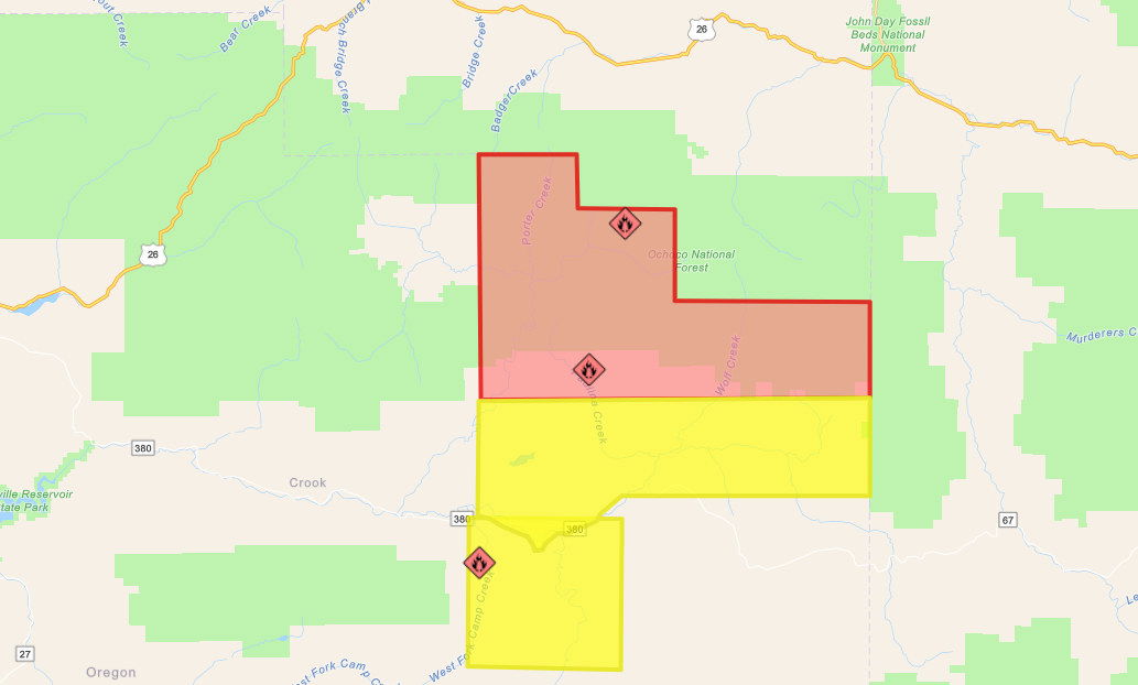 Updated Crook County Sheriff's Office Level 3 GO NOW (red), Level 2 BE SET (yellow) evacuation areas as of Sunday, July 28th